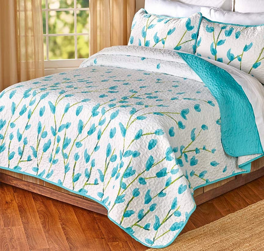 Teal Floral Blooms 3 Piece Bedding Quilt Set