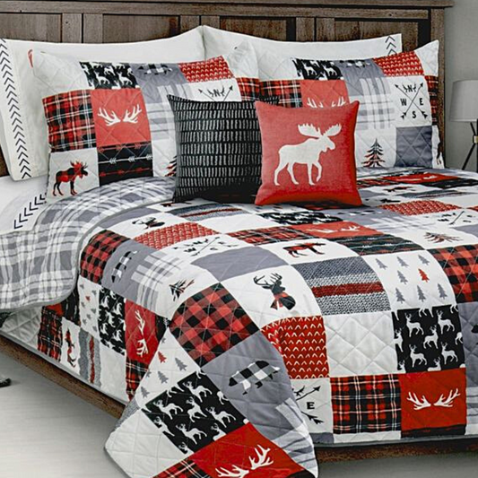 Cabin Patchwork Reversible Plaid 3 Piece Bedding Quilt Set