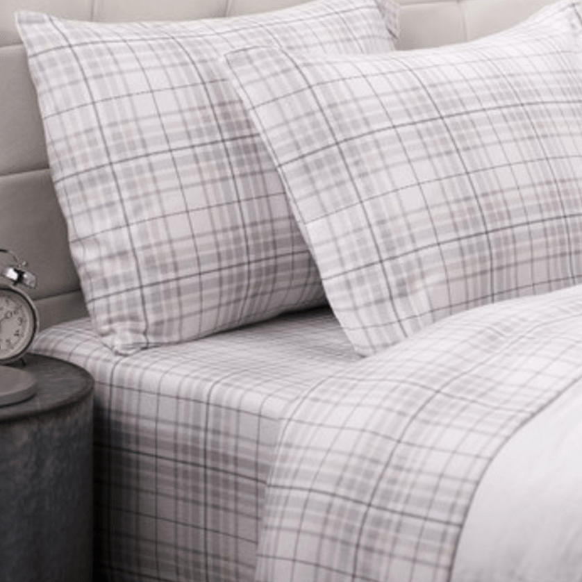 Grey Plaid Cotton Flannel 4 Piece Sheet Set
