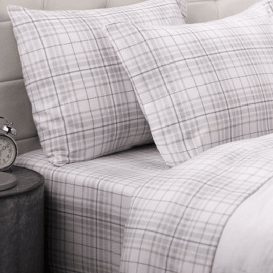Grey Plaid Cotton Flannel 4 Piece Sheet Set