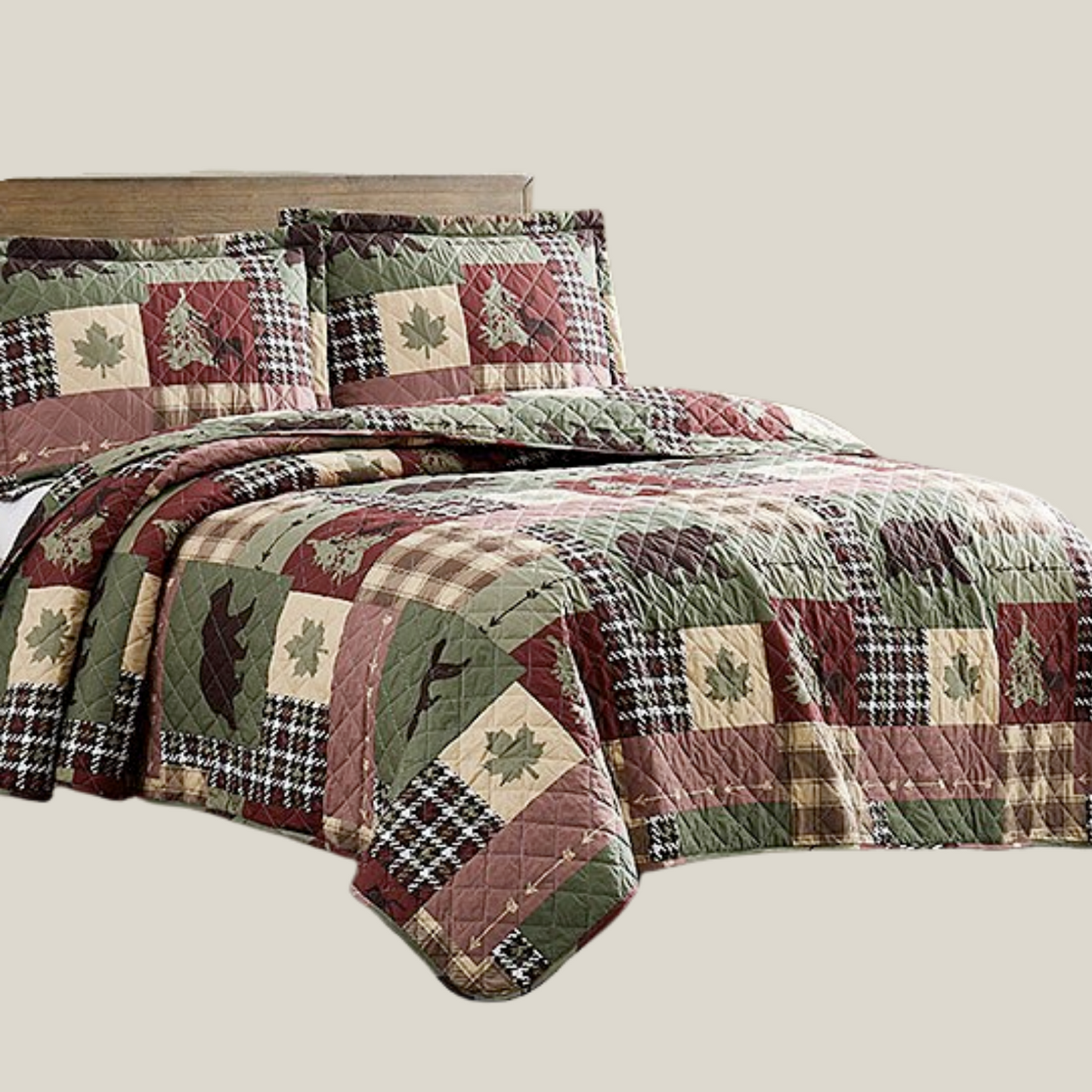 Forest Green Bear Cottage 3 Piece Bedding Quilt Set
