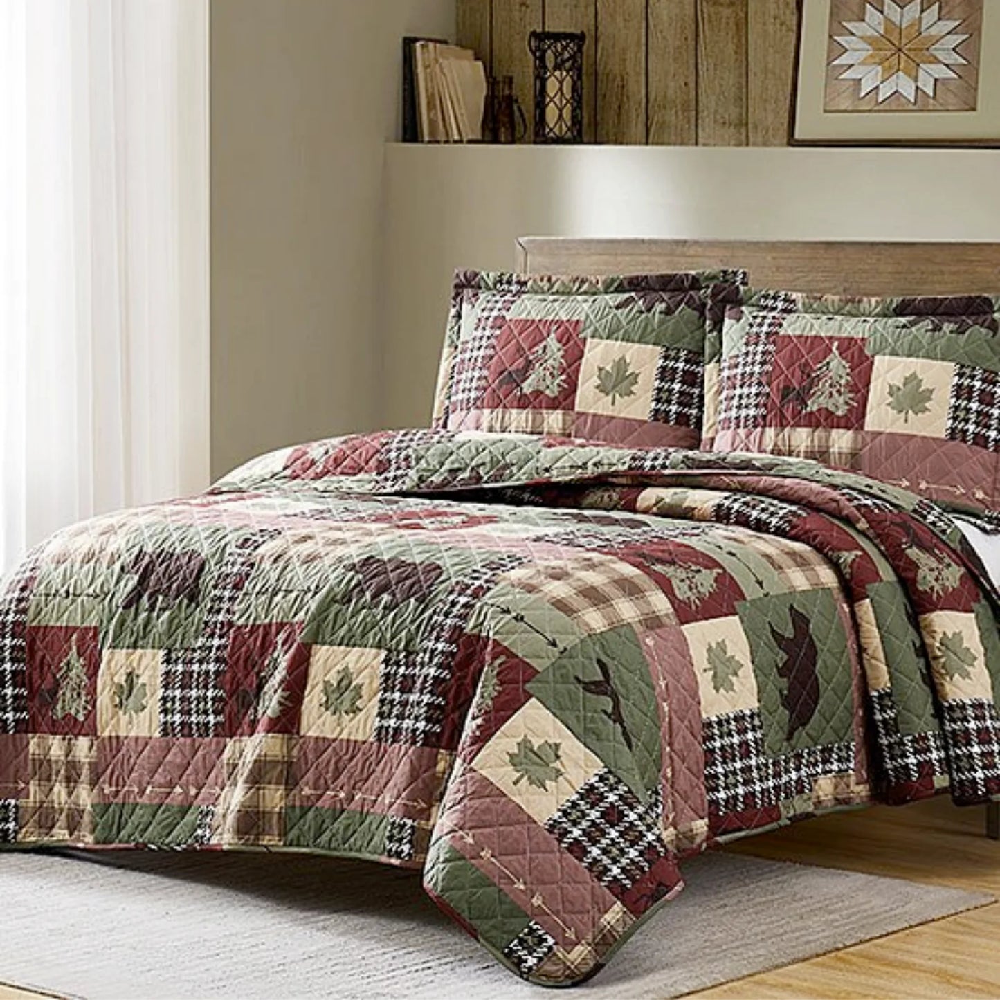 Forest Green Bear Cottage 3 Piece Bedding Quilt Set