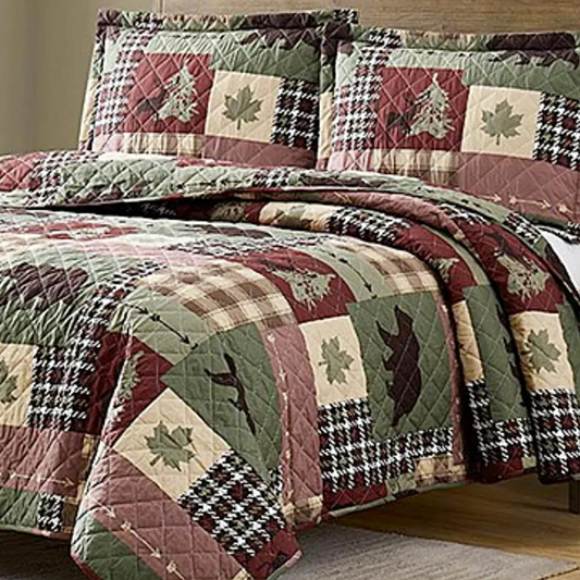 Forest Green Bear Cottage 3 Piece Bedding Quilt Set