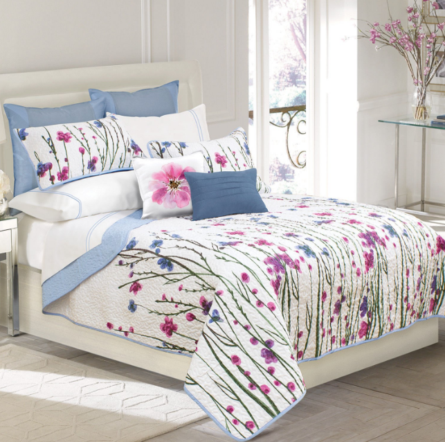 Pink / Blue Floral Reversible 3 Piece Bedding Quilt Set