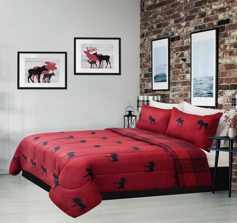 Red Black Buffalo Plaid & Moose 3 Piece Bedding Comforter Set