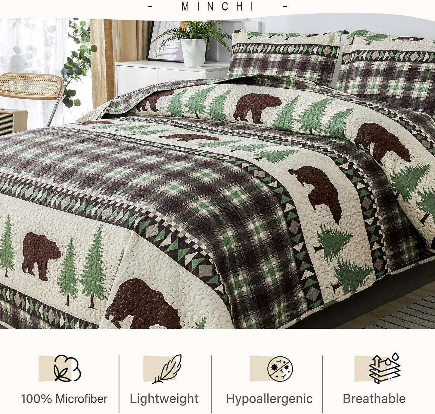 Ensemble de couvre-lit 3 pièces marron et vert Cabin Bear