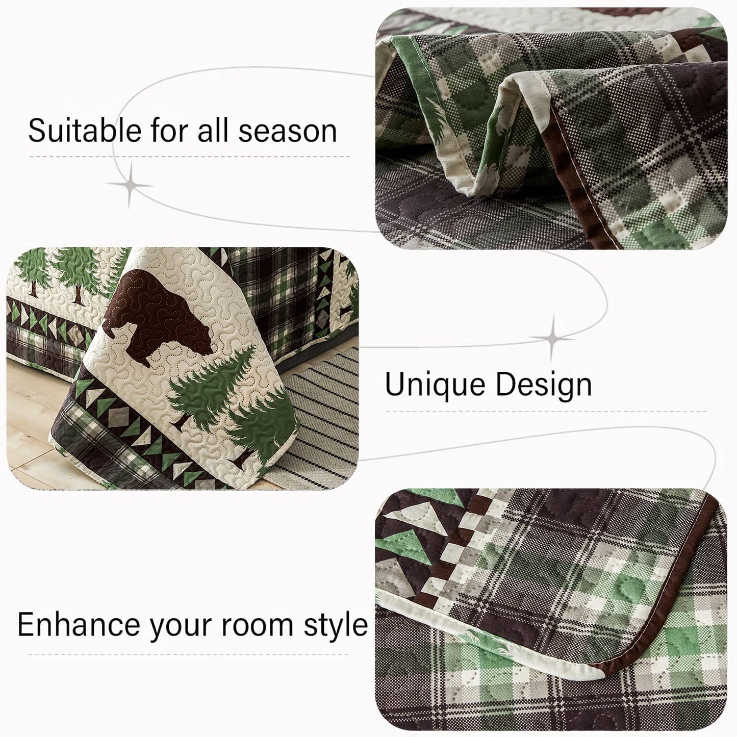 Ensemble de couvre-lit 3 pièces marron et vert Cabin Bear