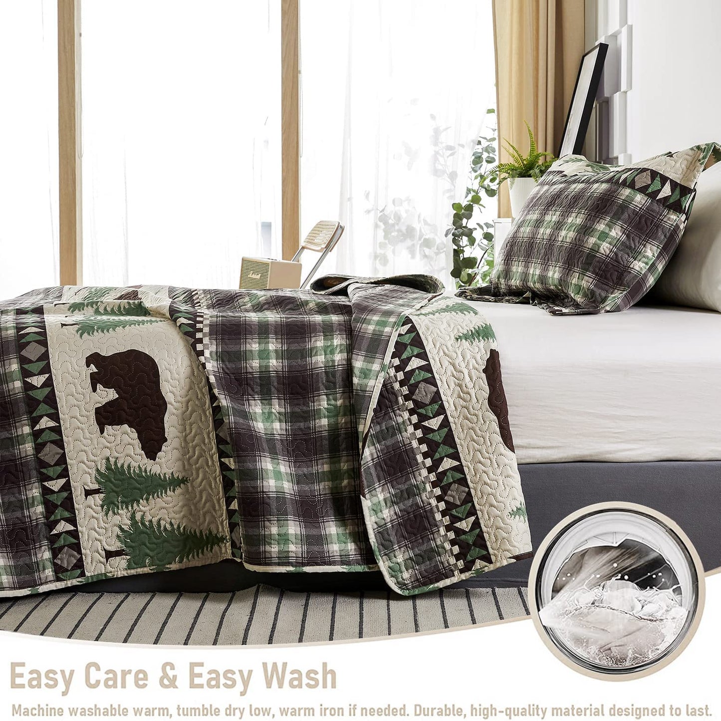 Ensemble de couvre-lit 3 pièces marron et vert Cabin Bear