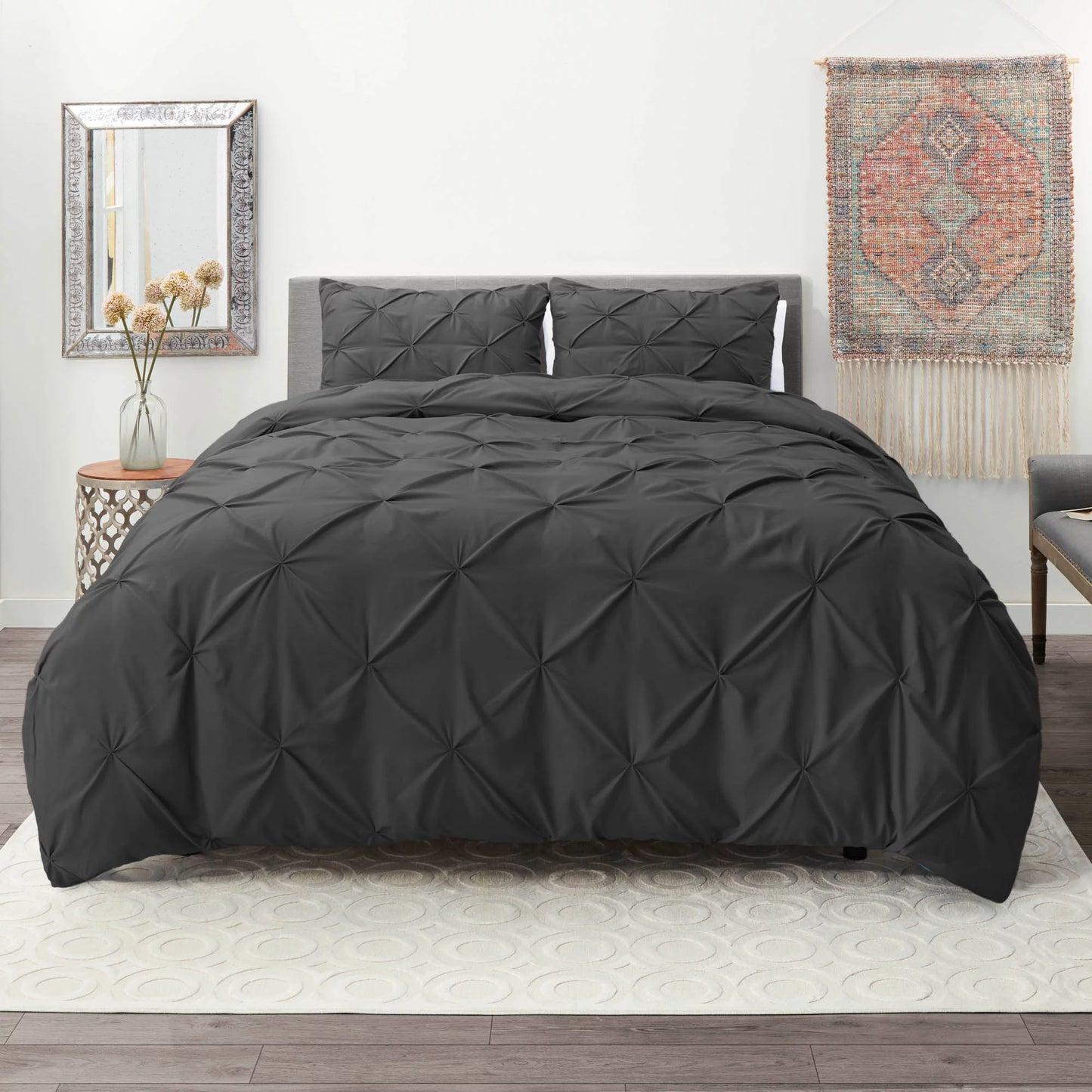 Dark Grey Pintuck - 3 Piece Queen Duvet Cover Set