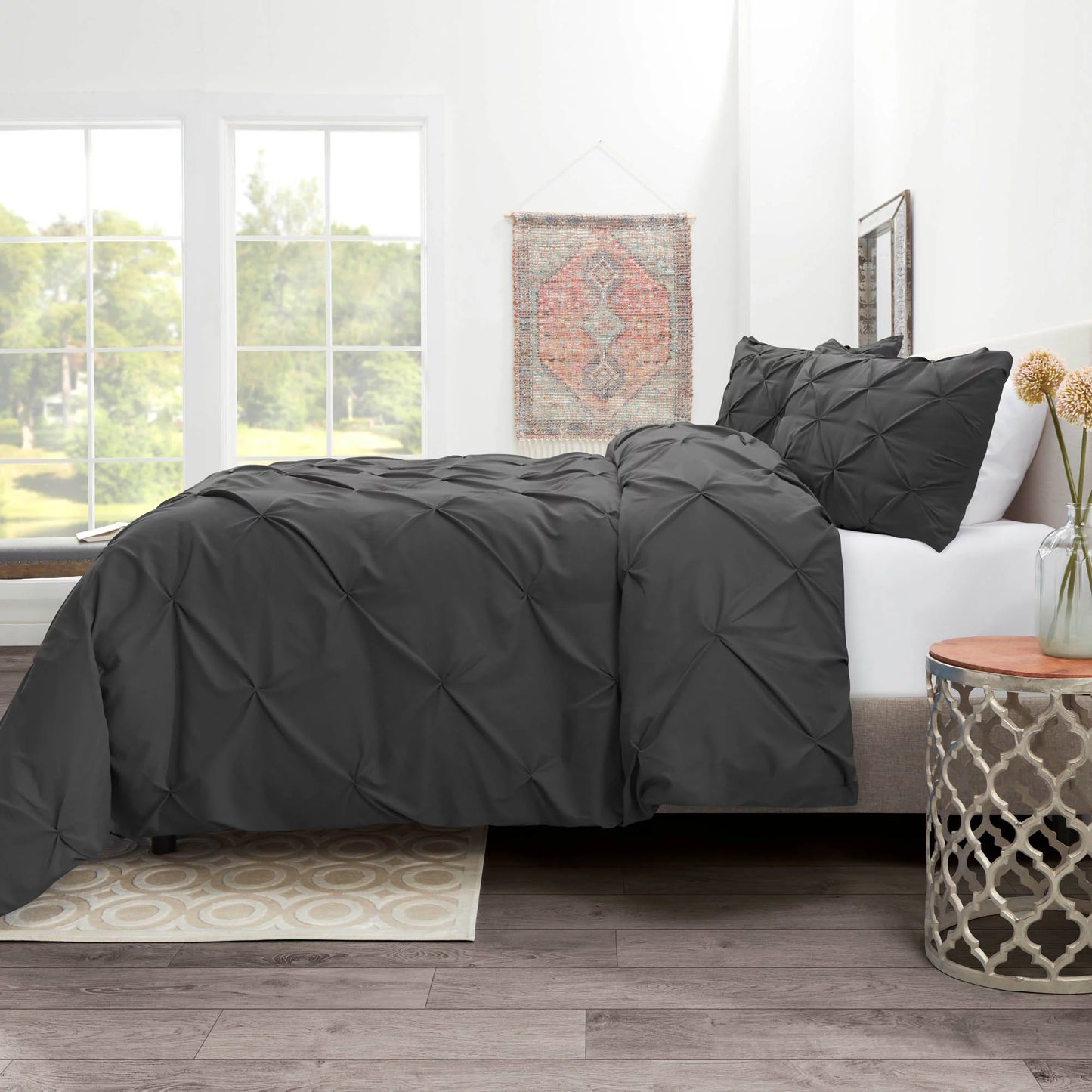Dark Grey Pintuck - 3 Piece Queen Duvet Cover Set