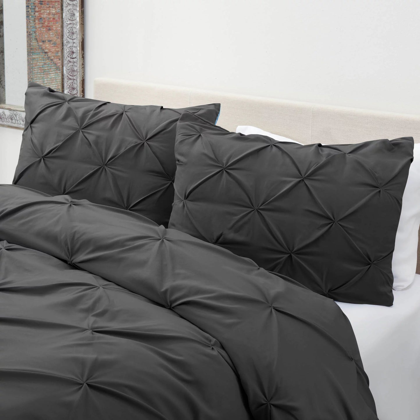 Dark Grey Pintuck - 3 Piece Queen Duvet Cover Set