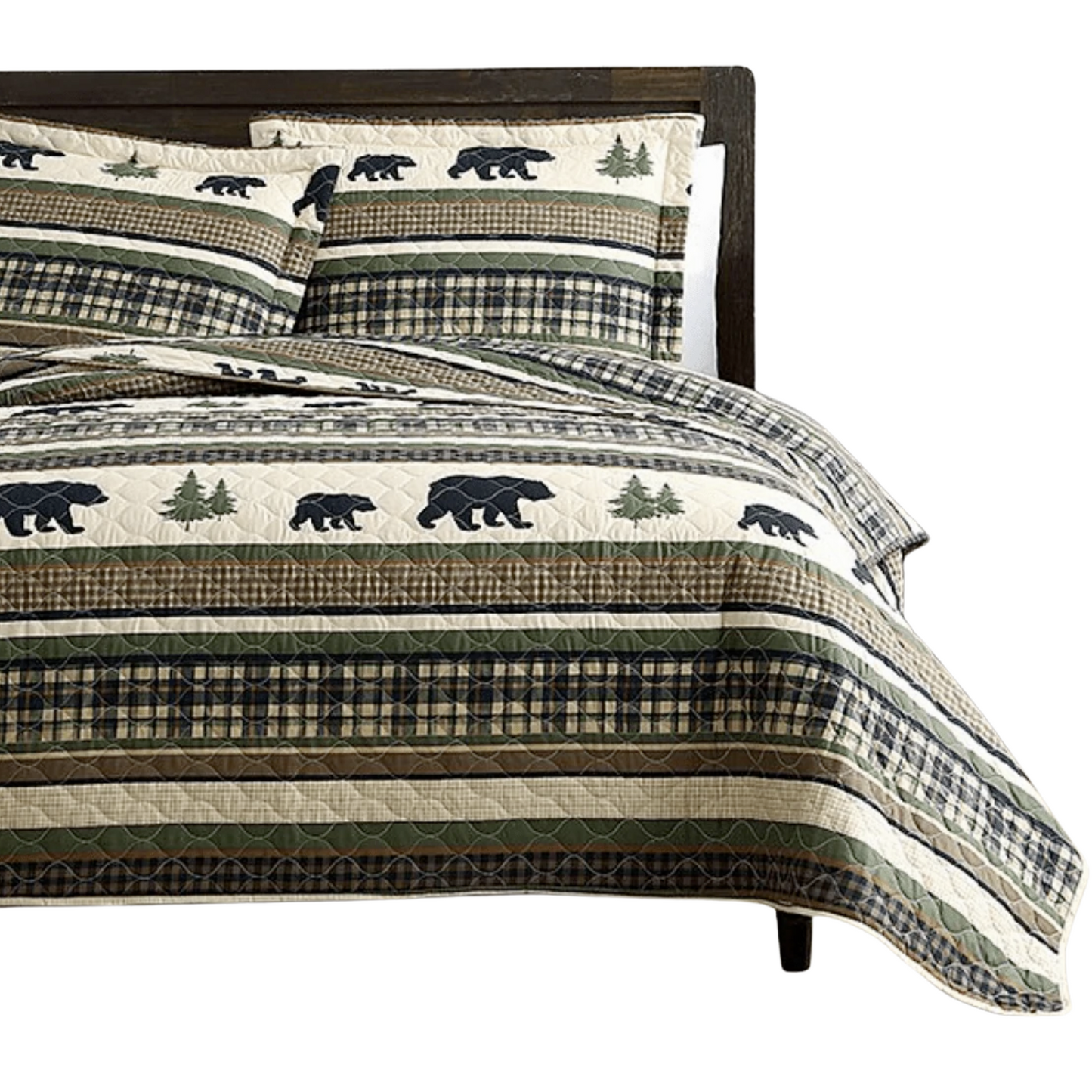 Forest Green Bear Cabin 3 Piece Bedding Quilt Set