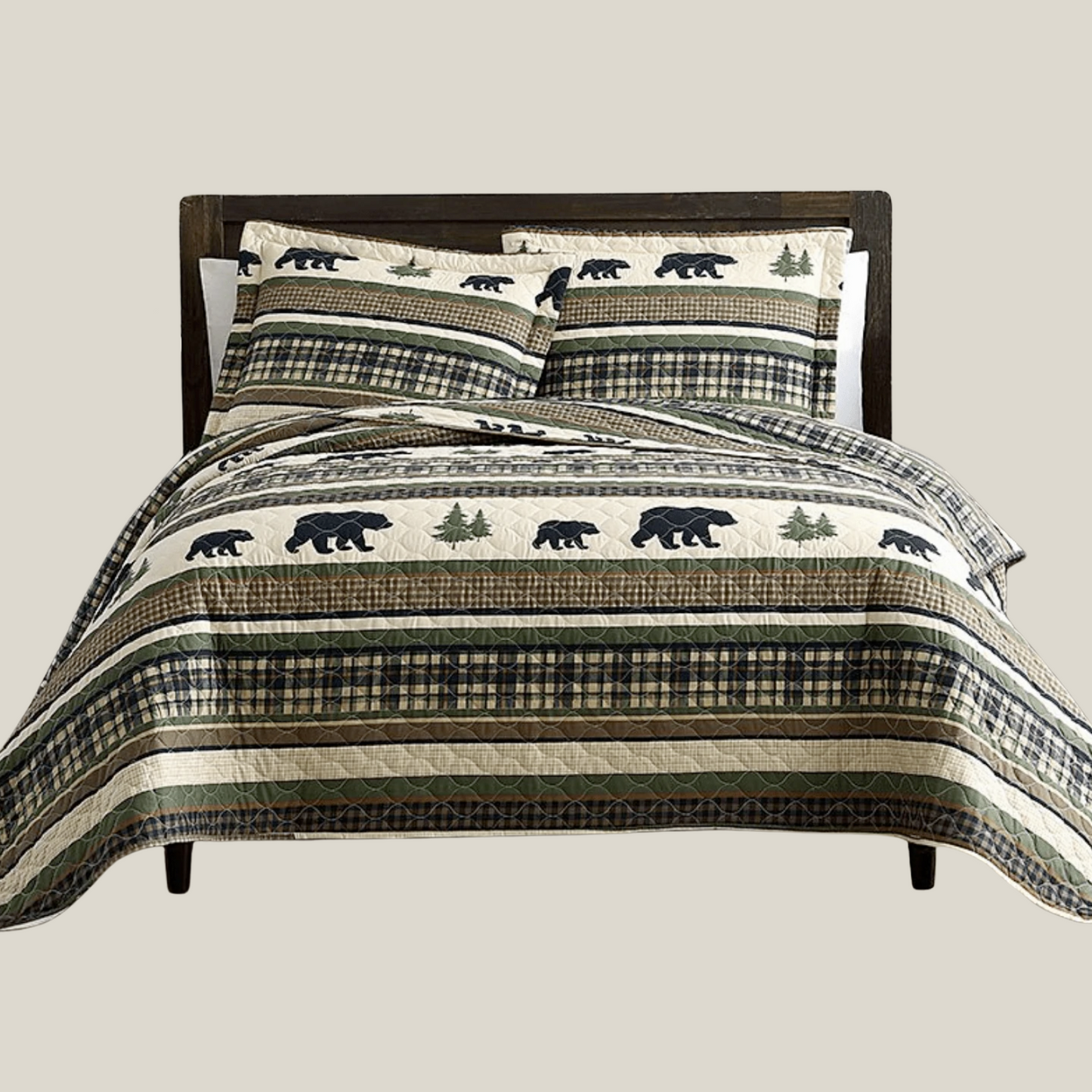 Forest Green Bear Cabin 3 Piece Bedding Quilt Set