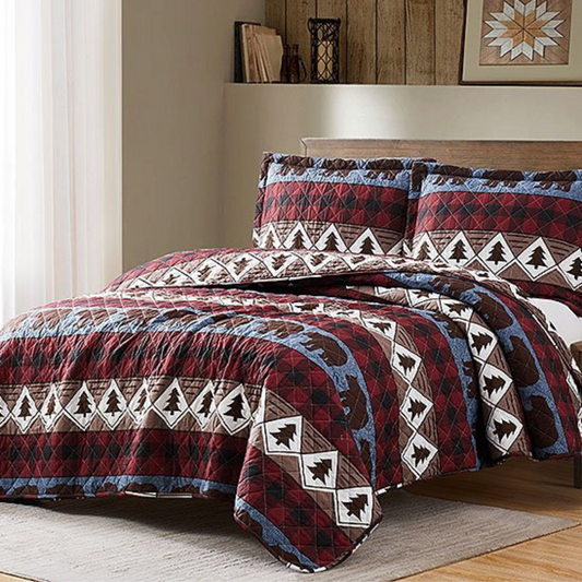Brown Bears & Trees Lodge 3 Piece Bedding Quilt Set