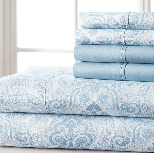Light Blue Paisley Deep Pocket 6 Piece Sheet Set