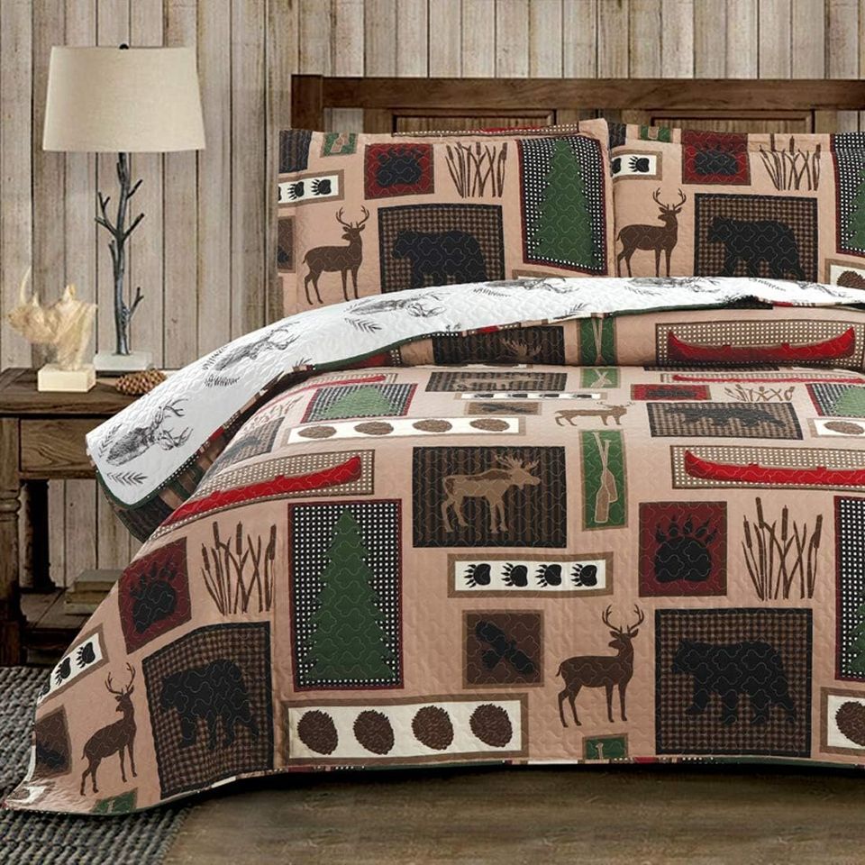 Brown & Green Rustic Deer Wildlife 3 Piece Bedding Quilt Set