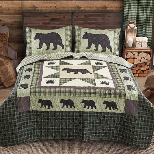Green & Brown Bears Star 3 Piece Bedding Quilt Set