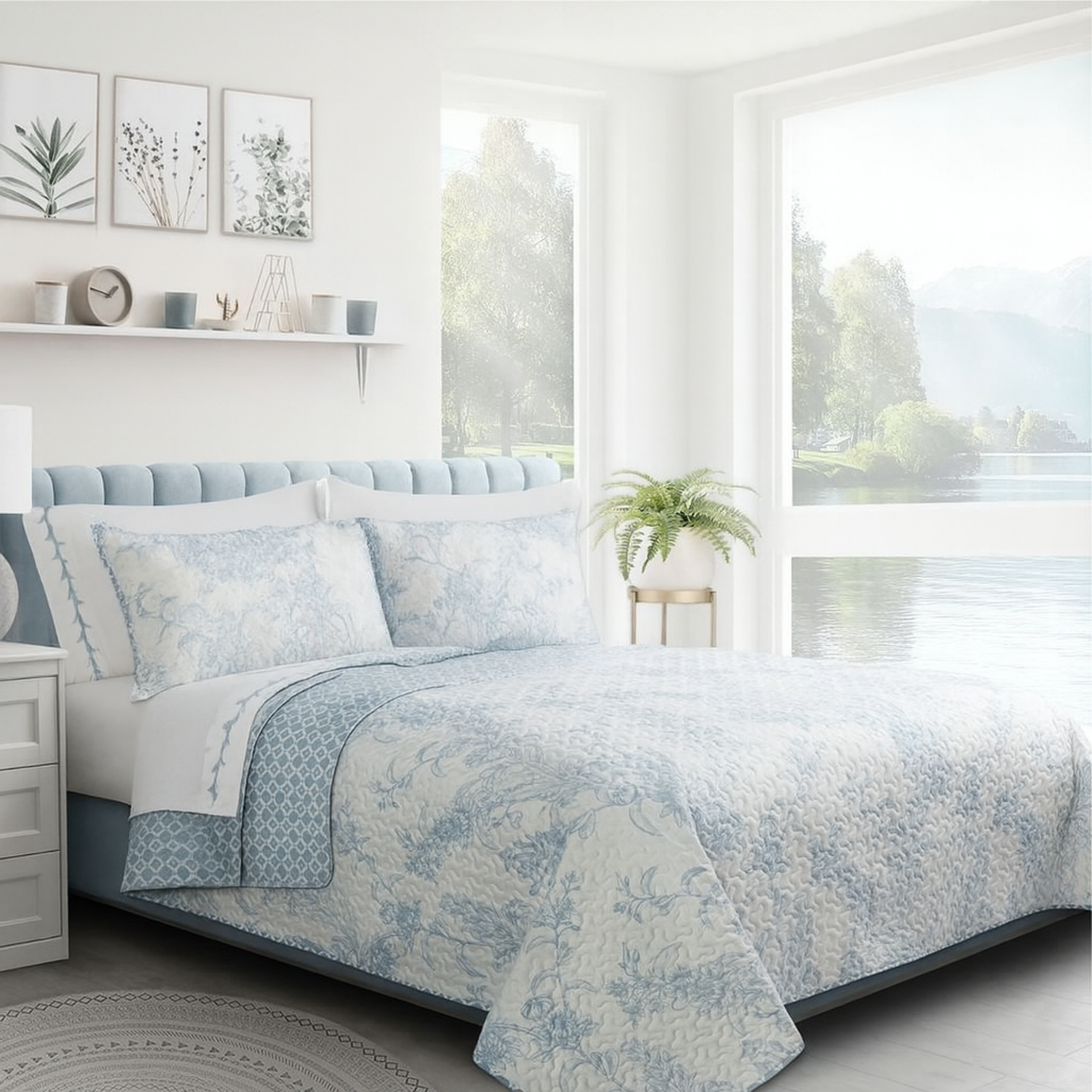 Dream Blue Floral 3 Piece Bedding Quilt Set