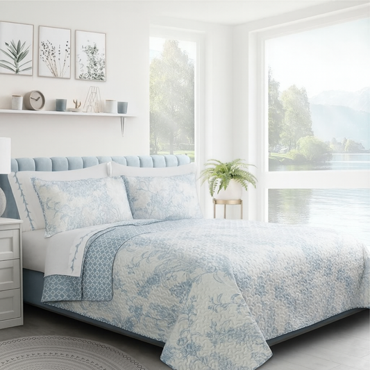 Dream Blue Floral 3 Piece Bedding Quilt Set