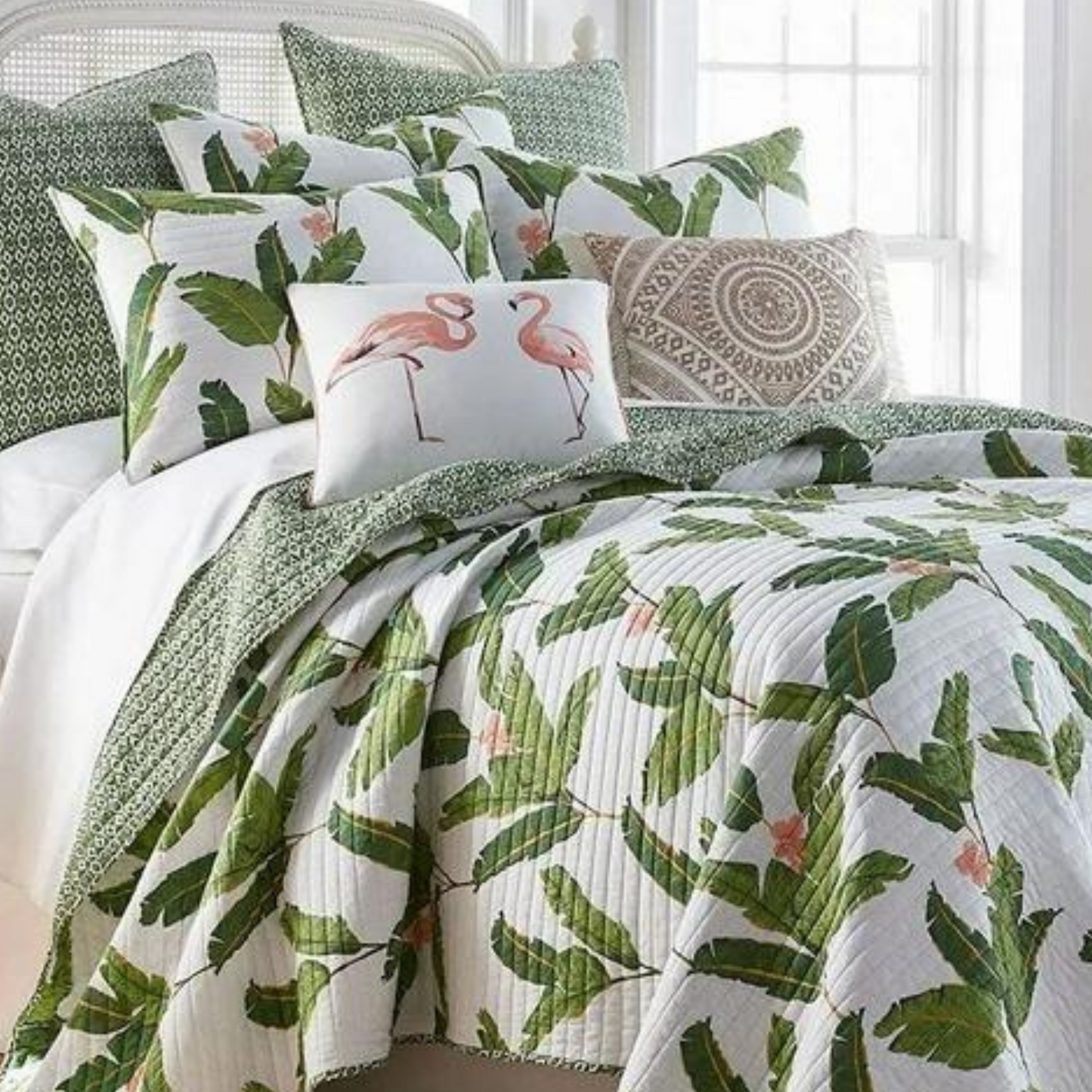 Tropical Green Leaves 3 Piece Quilt Set