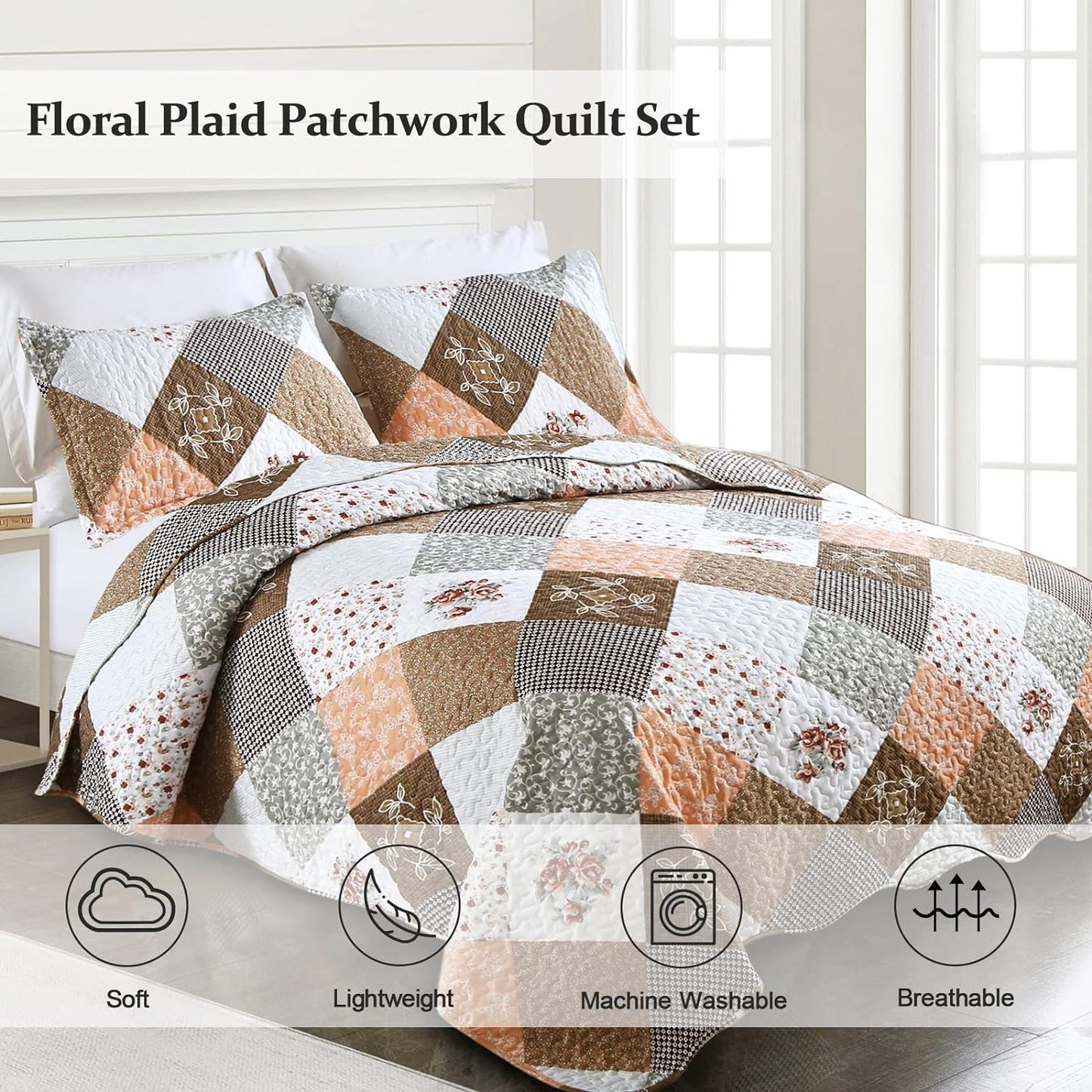 Brown Floral Patchwork 3 Piece Bedding Quilt Set
