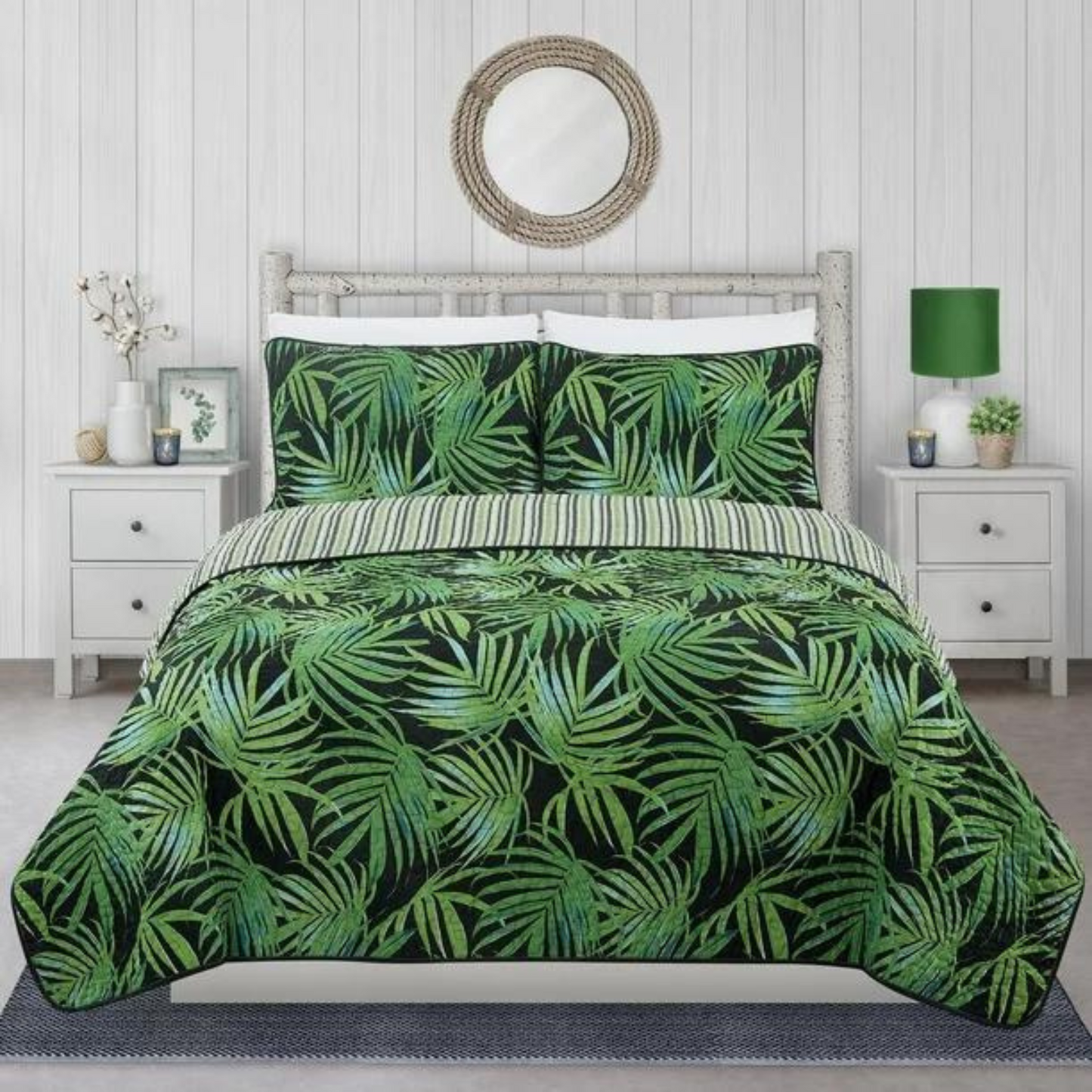 Tropical Green Palm Leaves 3 Piece Quilt Set