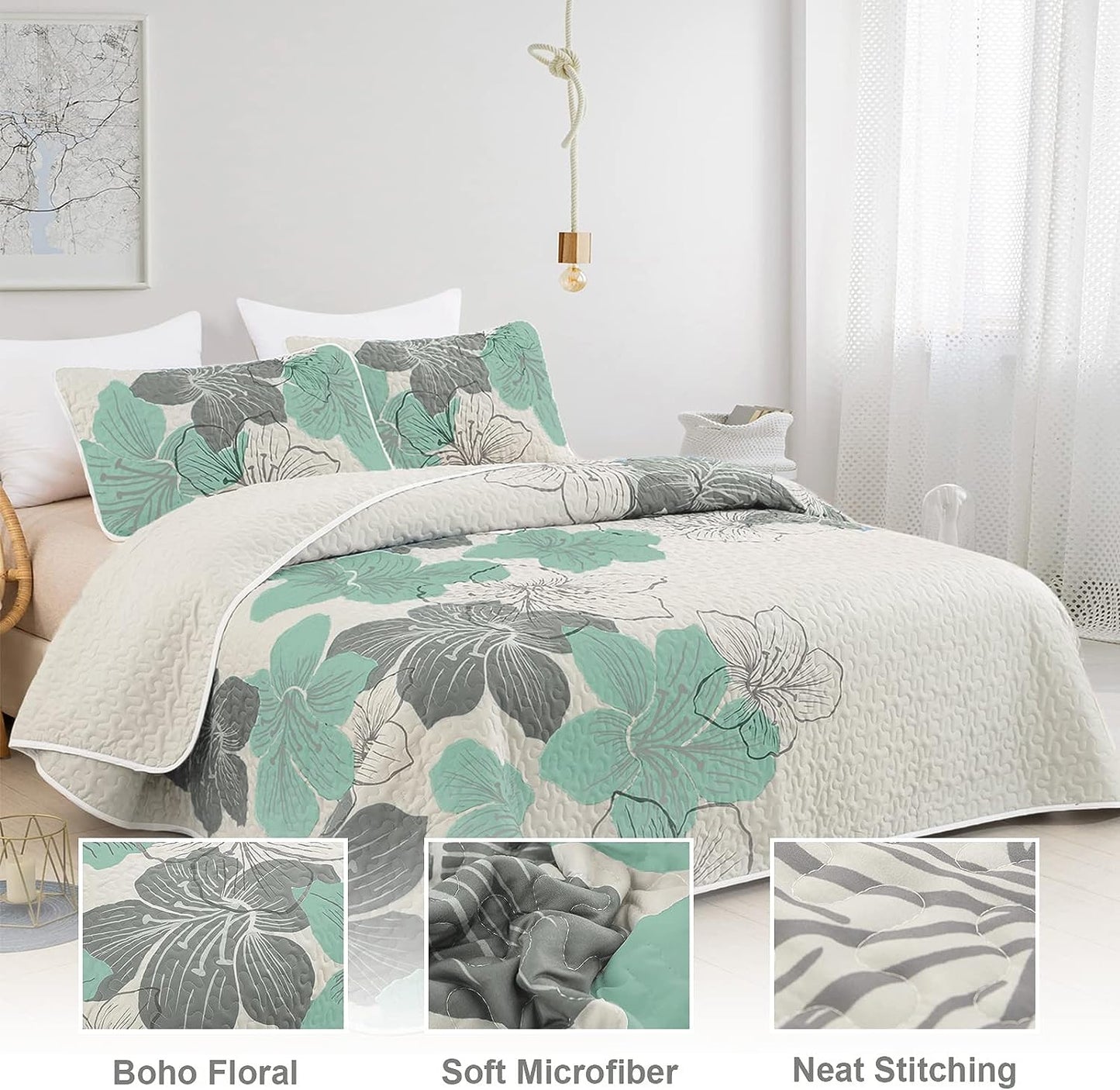 Green Bohemian Floral 3 Piece Bedding Quilt Set