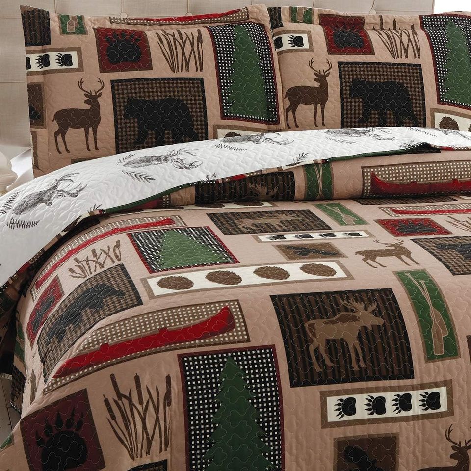 Brown & Green Rustic Deer Wildlife 3 Piece Bedding Quilt Set