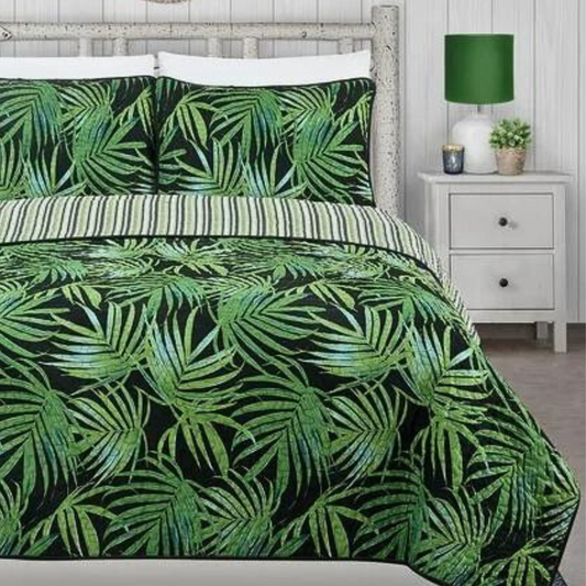 Tropical Green Palm Leaves 3 Piece Quilt Set