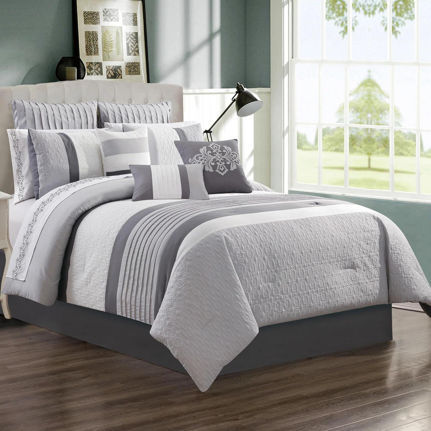 Grey 7 Piece Comforter Set (Includes 3 Cushions)