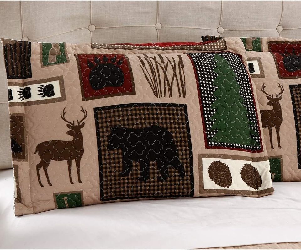 Brown & Green Rustic Deer Wildlife 3 Piece Bedding Quilt Set