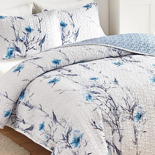 Botanical Blue Floral Branches Reversible 3 Piece Bedding Quilt Set