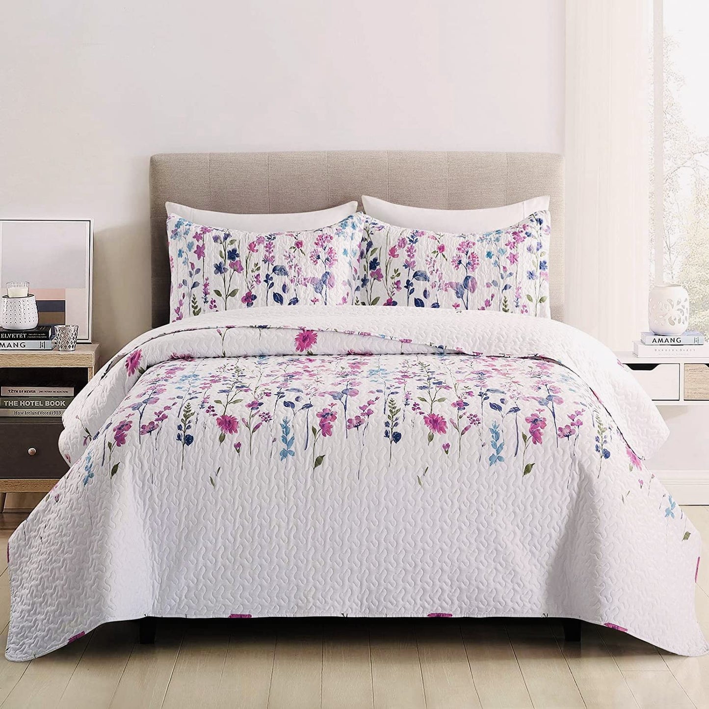 Purple / Blue Floral 3 Piece Bedding Quilt Set