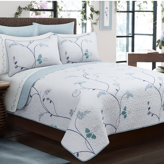 Blue & Teal Floral 3 Piece Bedding Quilt Set