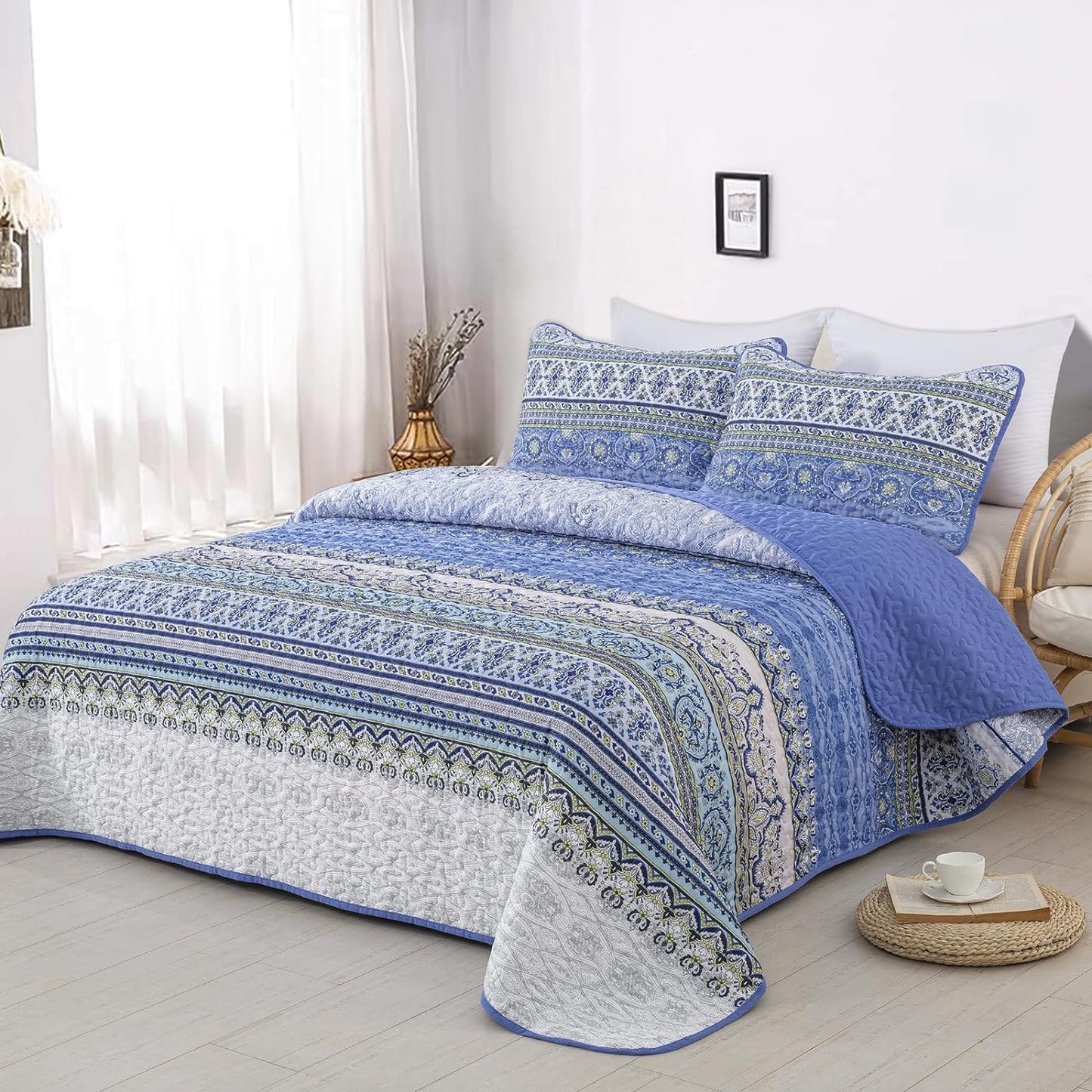 Bohemian Blue Reversible 3 Piece Bedding Quilt Set