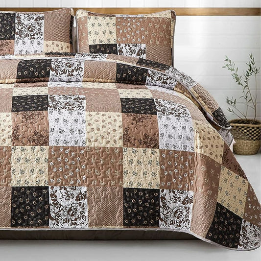 Khaki Floral Patchwork 3 Piece Bedding Quilt Set