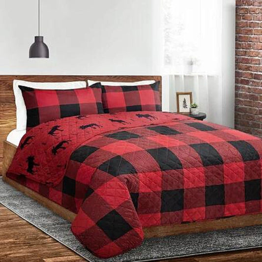 Red Black Buffalo Plaid Moose 3 Piece Bedding Quilt Set