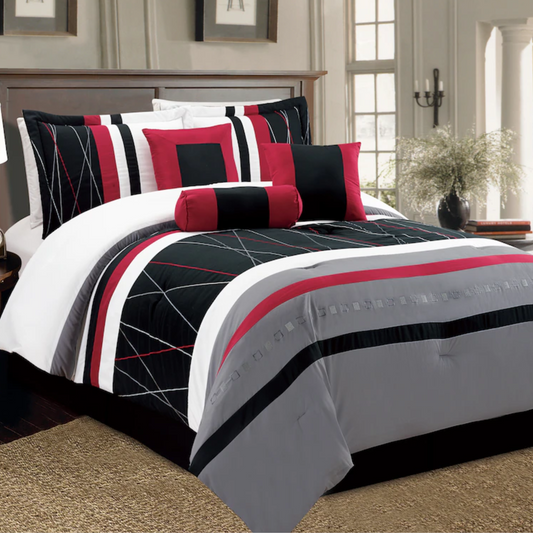 Red Black Grey & White Stripes 7 Piece Comforter Set