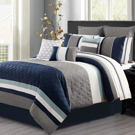 Blue Grey White Stripes 7 Piece Comforter Set