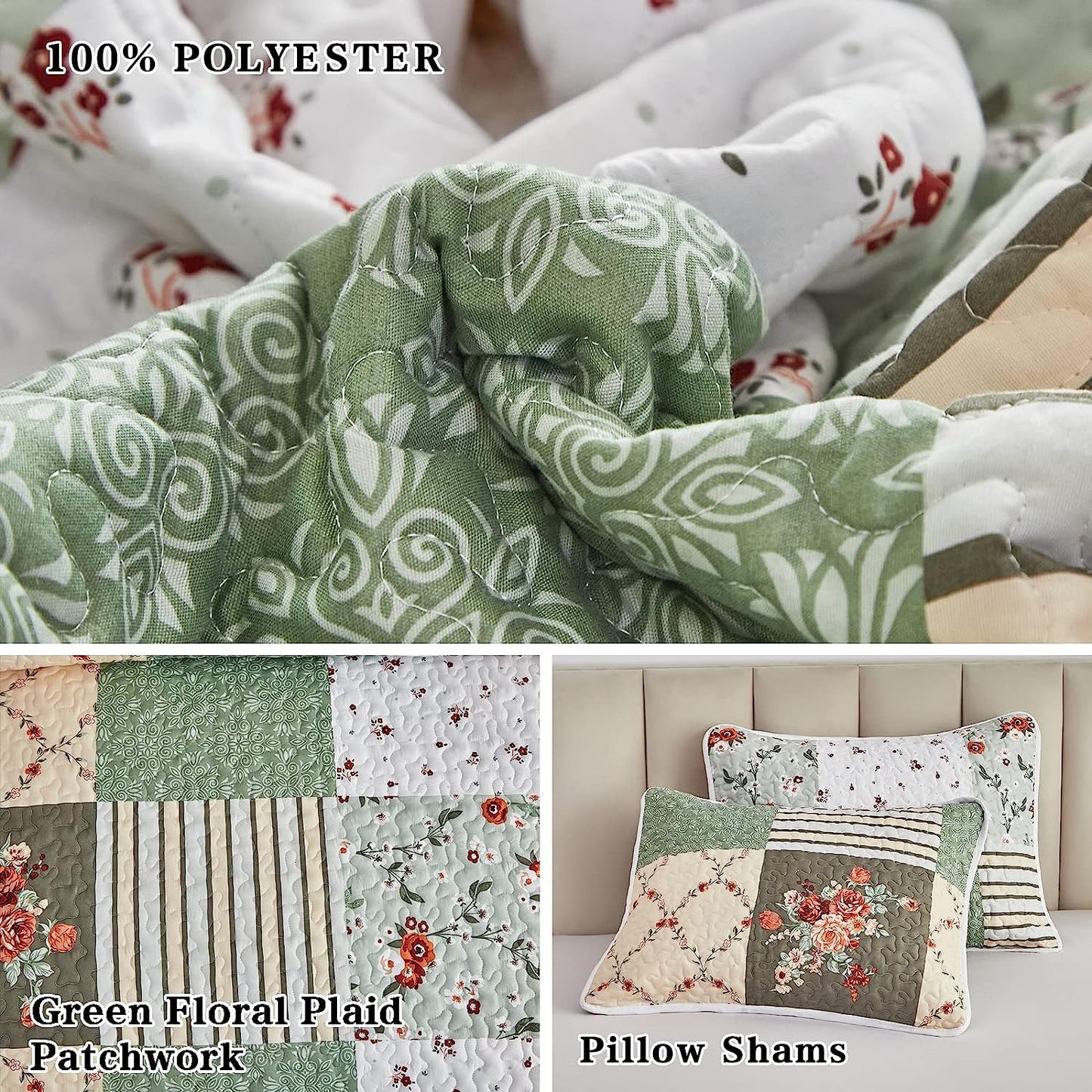 Green & Beige Floral Patchwork 3 Piece Bedding Quilt Set