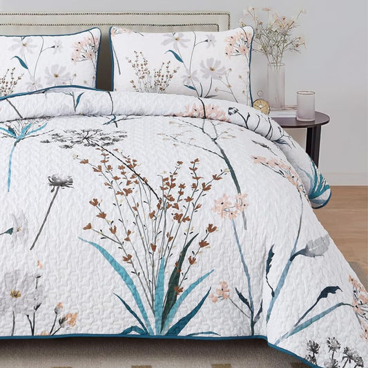 Country Rustic Teal Floral 3 Piece Reversible Quilt Set