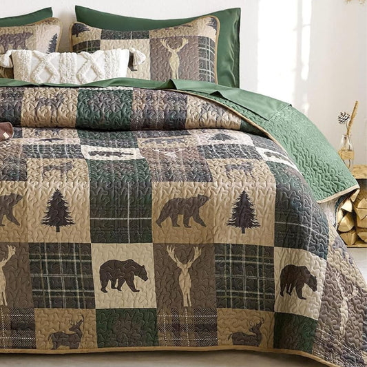 Rustic Bear Deer Brown & Green Cabin 3 Piece Quilt Set