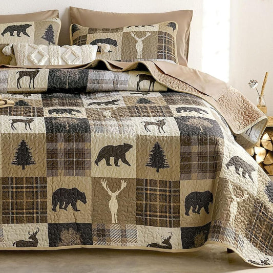 Rustic Bear Deer Brown & Beige Cabin 3 Piece Quilt Set