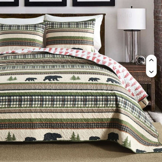 Forest Green Bear Cabin 3 Piece Bedding Quilt Set