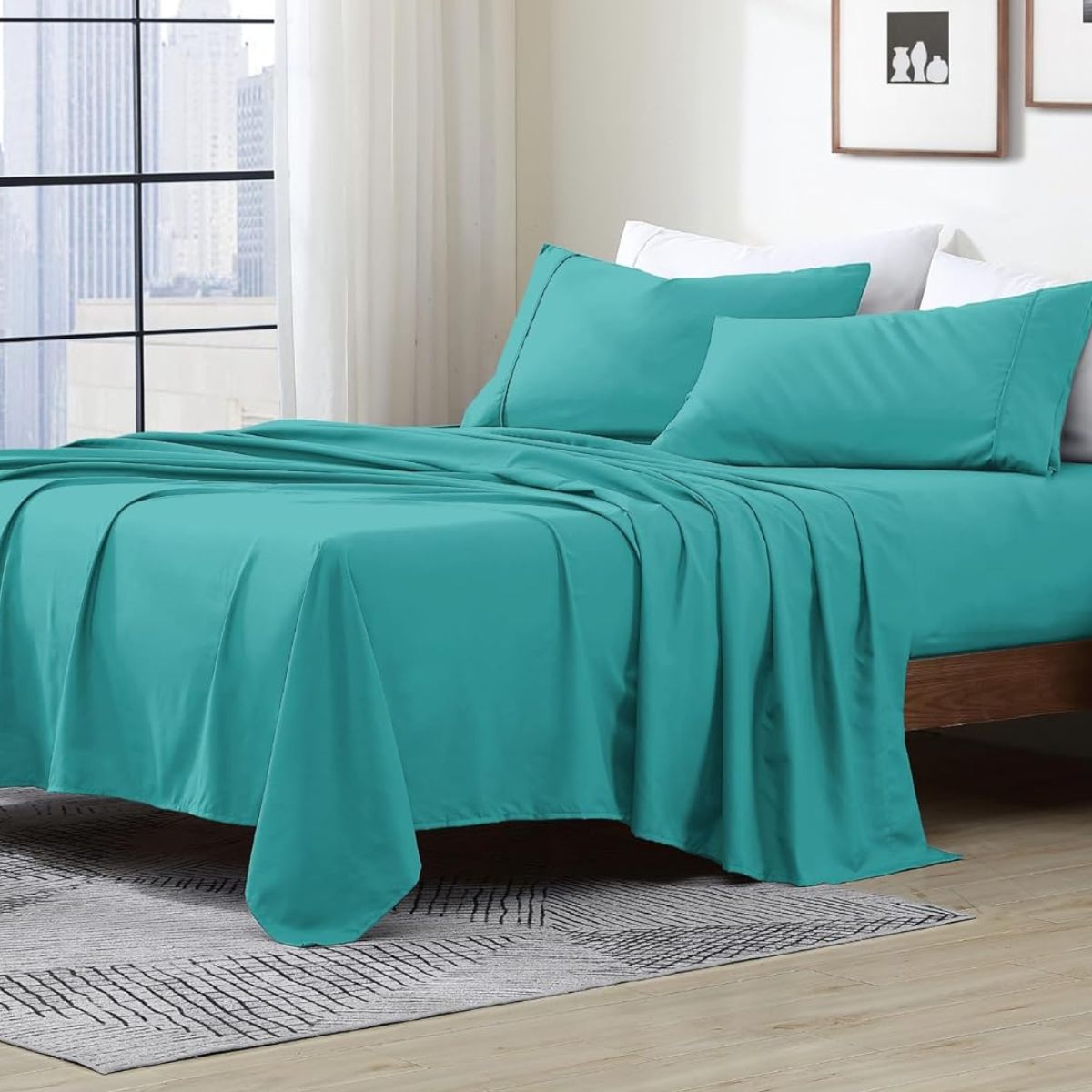 Ensemble de draps 4 pièces à poche profonde aqua solide