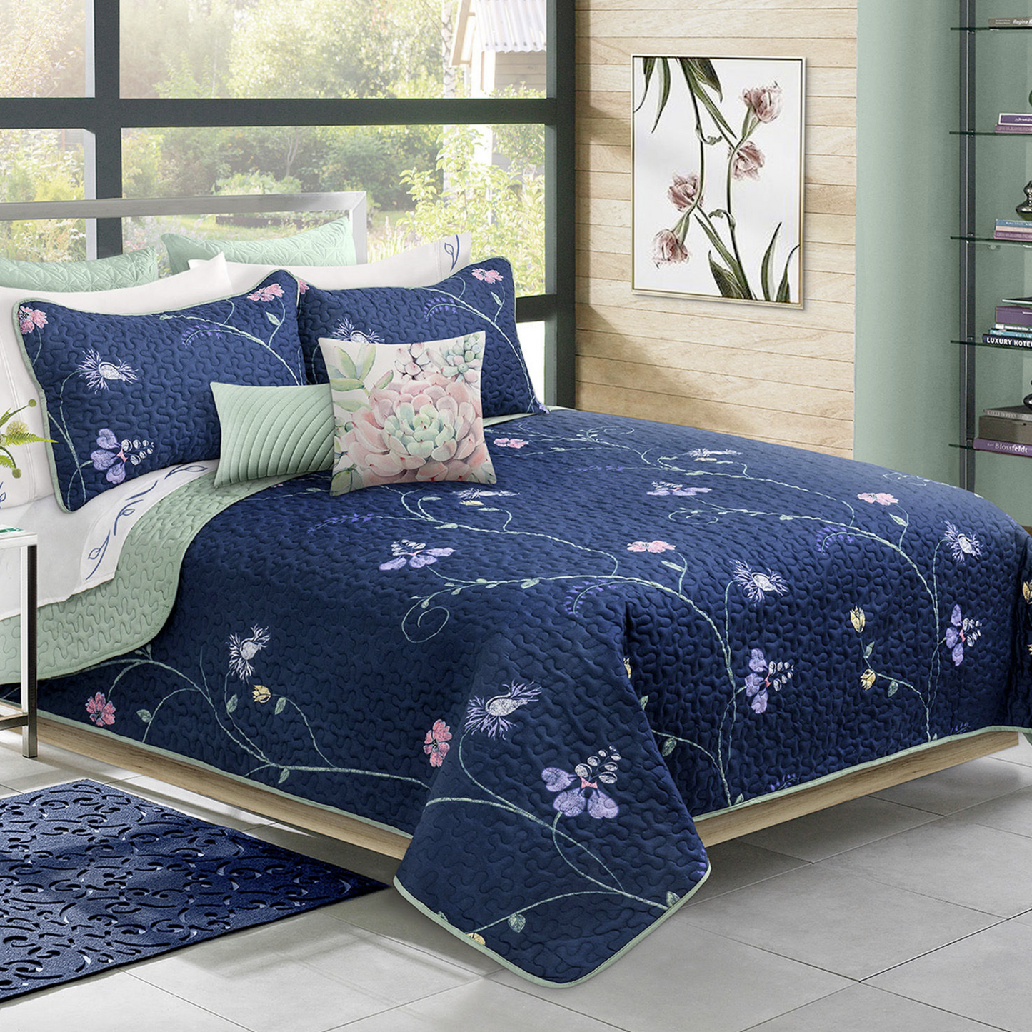 Blue Floral 3 Piece Bedding Quilt Set