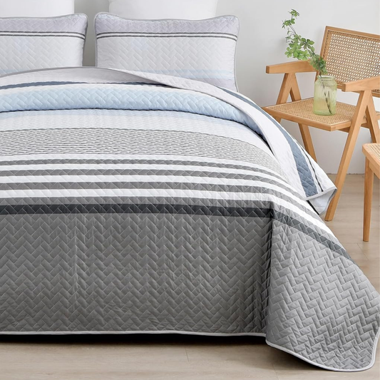 Boho Grey & Blue Stripes Reversible Bedding Quilt Set