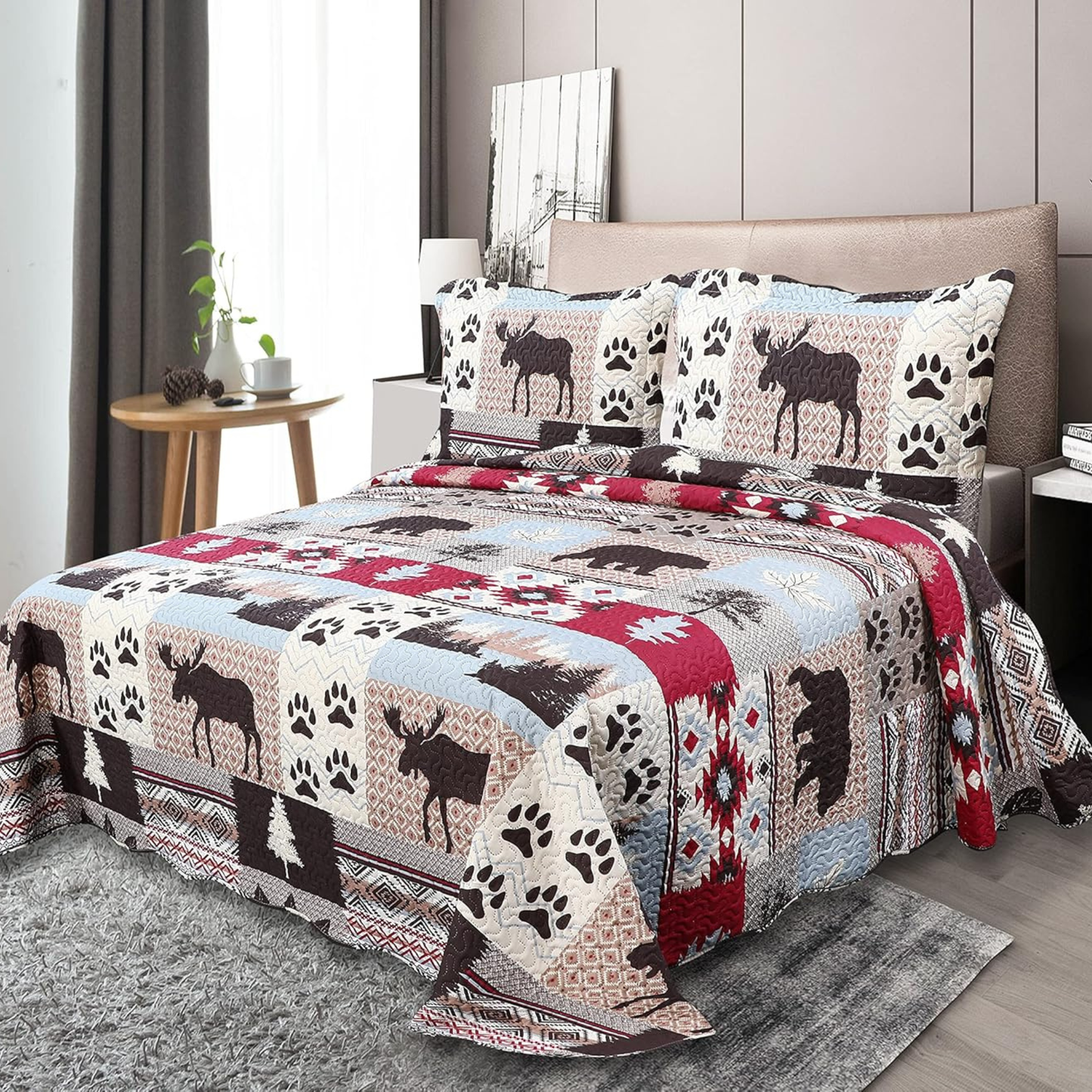 Brown Cabin Moose & Bear Paws 3 Piece Bedding Quilt Set
