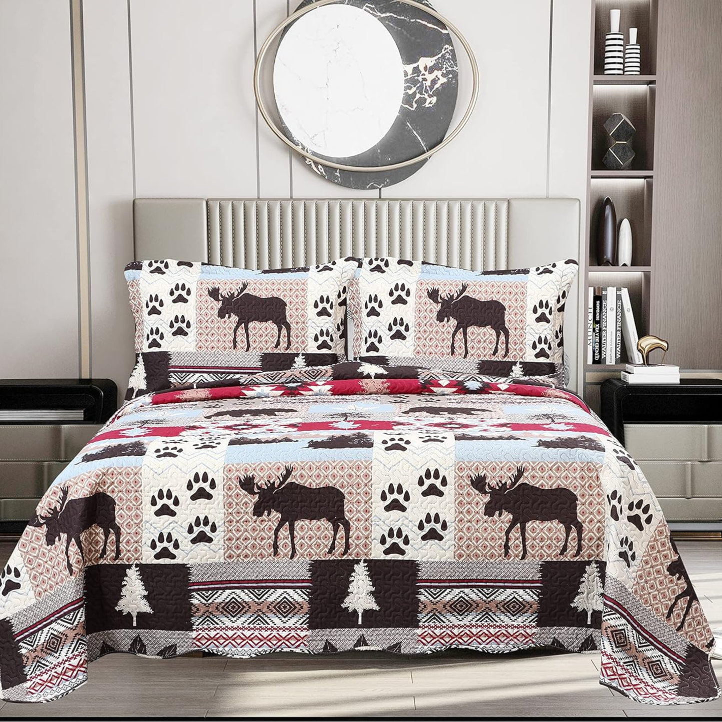 Brown Cabin Moose & Bear Paws 3 Piece Bedding Quilt Set