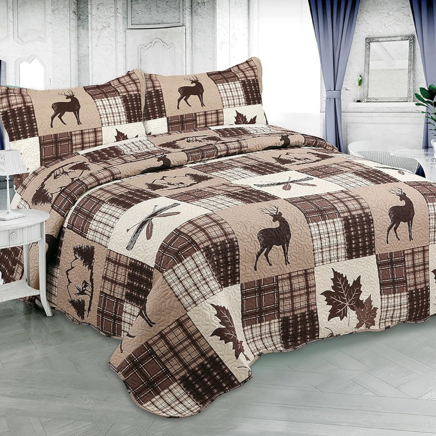 Ensemble de literie 3 pièces à carreaux Buffalo gris et blanc